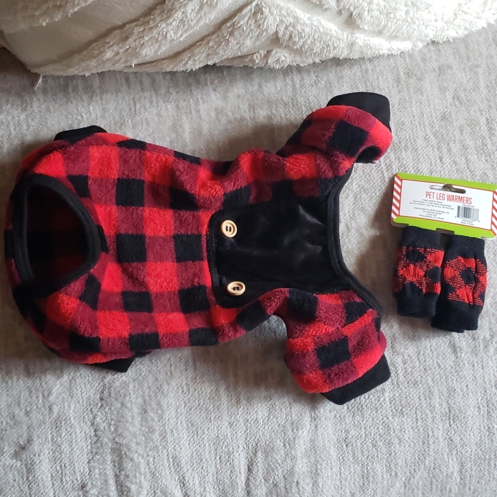 Sold.......Pet plaid fleece onesie and leg warmers